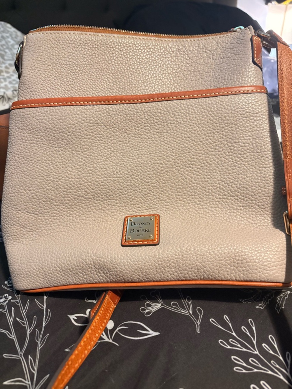 Dooney & Bourke Cream Pebble Leather Crossbody with Brown Trim